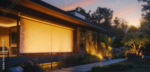The elegant interplay of light and technology as a smart home's exterior wall adjusts to the twilight, providing a warm interior glow, the garden outside a model of xeric landscaping principles.  photo