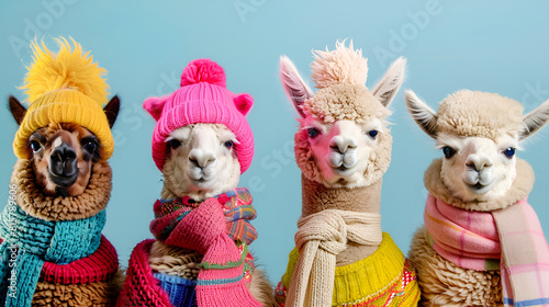 Alpacas in winer colorful hats on the blue background photo