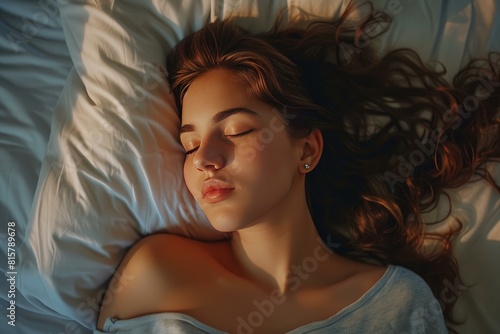 Tranquil Young beautiful woman sleeping in bed at home. Dream face resting on pillow. Generate Ai