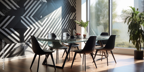  A modern dining room with wallpaper showcasing a bold geometric pattern in black and white  paired with a sleek glass dining table and contemporary chairs.