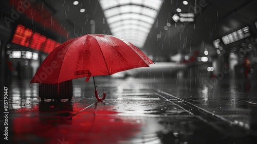 Risk Mitigation  Create an image where a red umbrella is depicted as a shield against risks such as a broken suitcase  a delayed flight on a departure board  a medical cross. Generative AI