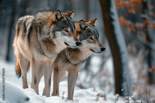 Two gray wolves stand side by side in a snowy woodland setting  displaying their natural beauty