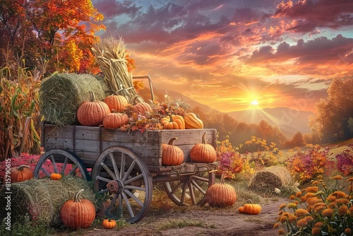 Rustic fall clipart scene with a harvest wagon full of pumpkins, cornstalks, and bales of hay, set against a sunset background photo