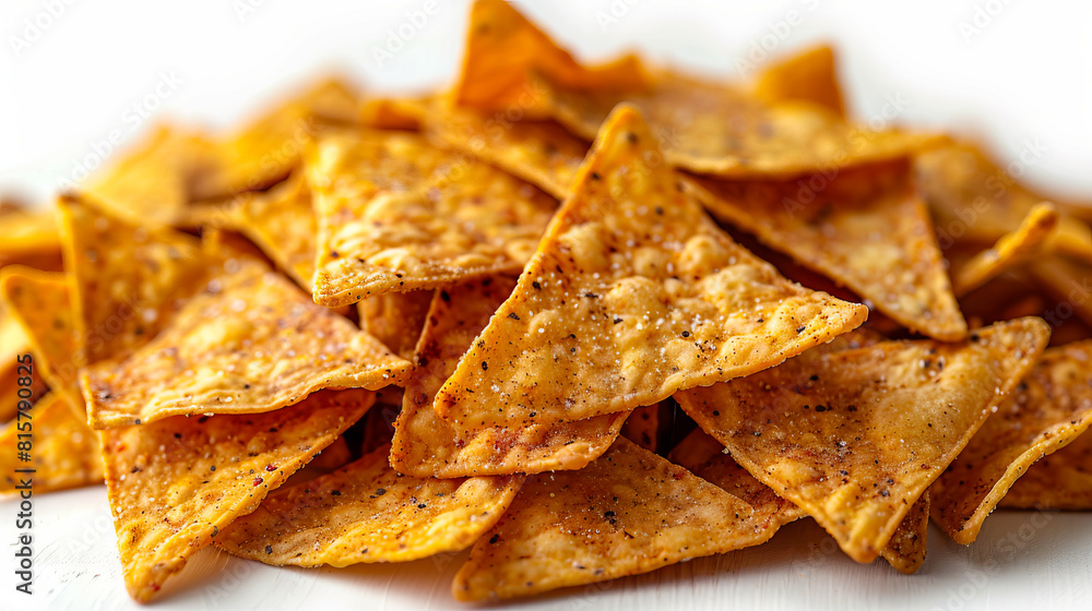 A pile of tortilla chips on a white surface. A pile of tortilla chips on a white surface.