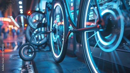 Smart Bike Rentals: Illustrate a futuristic scene with close-ups of high-tech bicycle wheels at a smart rental station equipped with digital interfaces and payment systems. Generative AI