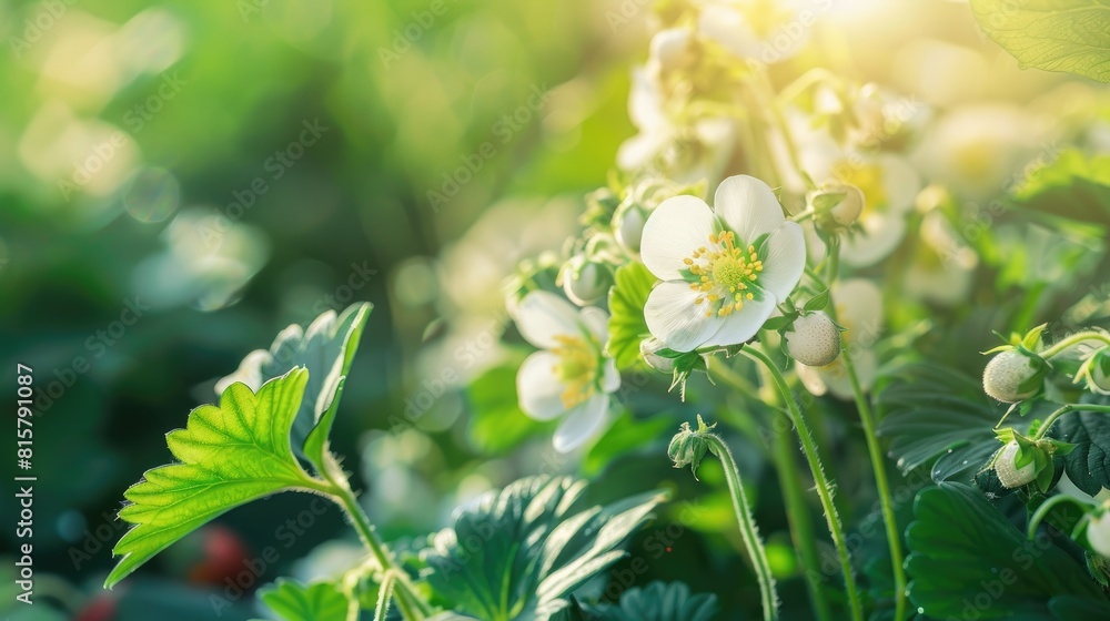 Blooming white flowers on a sunny summer day showcasing strawberries growing in a garden Emphasizing healthy food and organic farming from a top view perspective Blooming white flowers on a sunny summer day showcasing strawberries growing in a garden Emphasizing healthy food and organic farming from a top view perspective