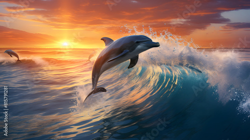 A group of playful dolphins leaping out of the ocean waves  showcasing their agility and intelligence