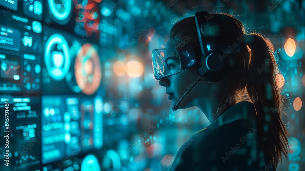 A call center agent with multiple digital screens showing customer profiles, illuminated by soft blue light in a futuristic setting A call center agent with multiple digital screens showing customer profiles, illuminated by soft blue light in a futuristic setting