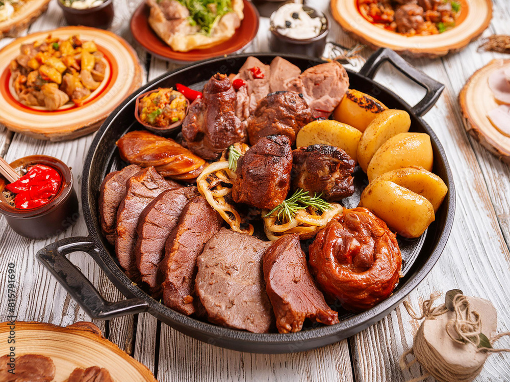 Traditional Hungarian meat dishes with vegetable snacks Traditional Hungarian meat dishes with vegetable snacks