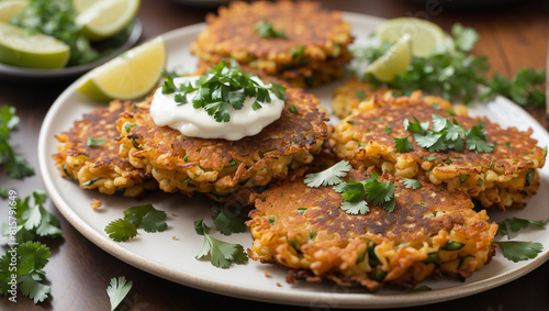There are several potato pancakes on a plate.