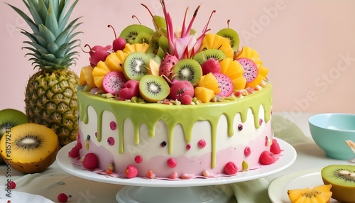 A tropical-themed cake covered in exotic fruits like kiwi, pineapple, and dragon fruit, with a coconut cream frosting.