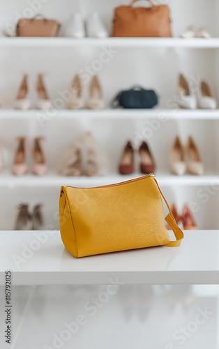 A photo displays various women's shoes and handbags on shelves in the background, with one large yellow bag lying flat at eye level in front photo