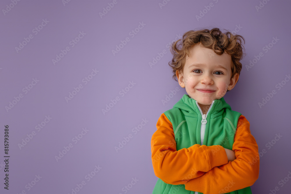 Portrait of young boy looking at camera on isolated purple background. Generative AI Portrait of young boy looking at camera on isolated purple background. Generative AI