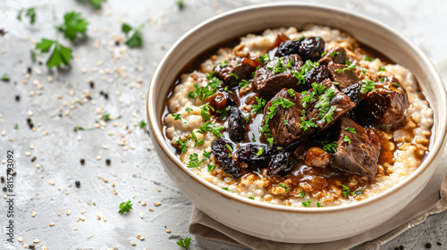 Bowl with delicious oatmeal gravy beef stew and prunes