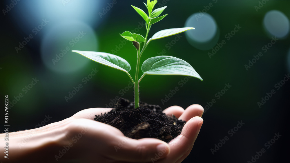 Nurturing Growth, Hands Holding a Young Plant in Soil
