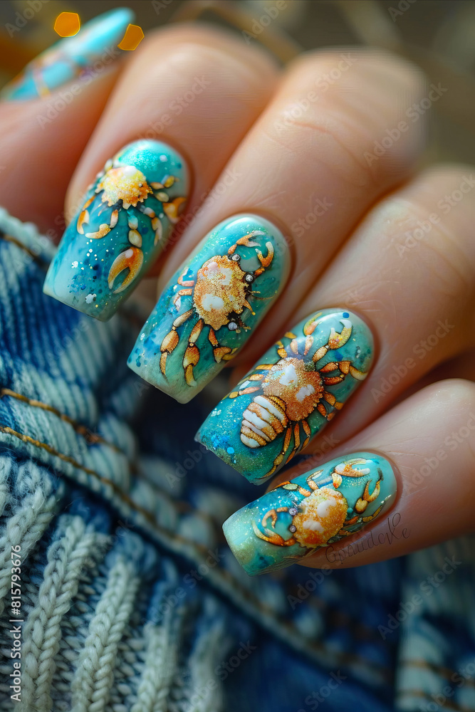 A woman holding up her nails with crabs on them. A woman holding up her nails with crabs on them.
