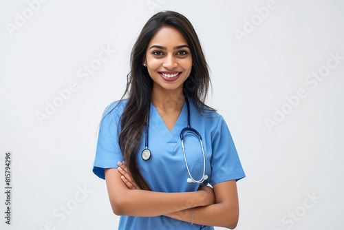 Attractive indian female doctor smiling on white background. Woman wearing blue scrubs and stethoscope.
