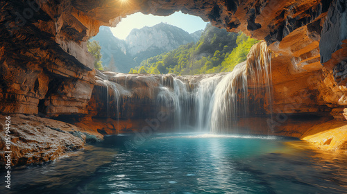 A visually elaborate image showcasing a waterfall flowing through a canyon carved with geometric precision  with straight lines and sharp angles framing the cascading water  creati