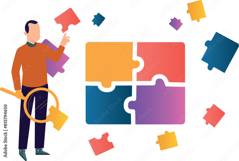 Boy searching with magnifying glass for solution of jigsaw puzzle. Boy searching with magnifying glass for solution of jigsaw puzzle.