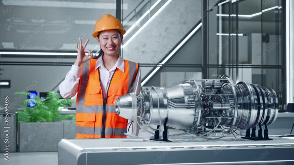 Asian Female Engineer With Safety Helmet Smiling And Showing Okay Gesture To The Camera While Standing With Electric Engine for Innovative Project Asian Female Engineer With Safety Helmet Smiling And Showing Okay Gesture To The Camera While Standing With Electric Engine for Innovative Project