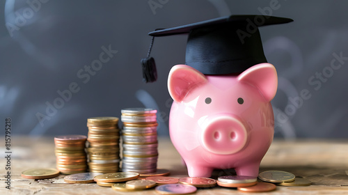 Piggy bank wearing a graduation cap on the table with stack of coins. Save money for education student loan or college fund