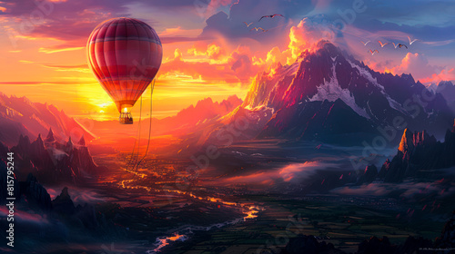 Hot air balloon soaring over mountain landscape