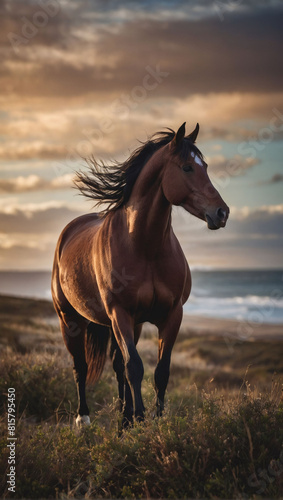 Graceful Horse on Coastal Horizon, Brown Beauty Against Dramatic Sky