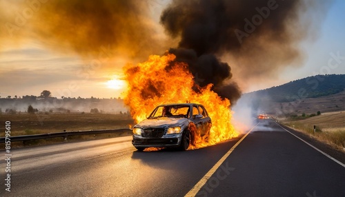 Symbolfoto, Brennendes Auto auf der Autobahn