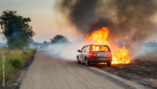 Symbolfoto, Brennendes Auto auf einem Feldweg