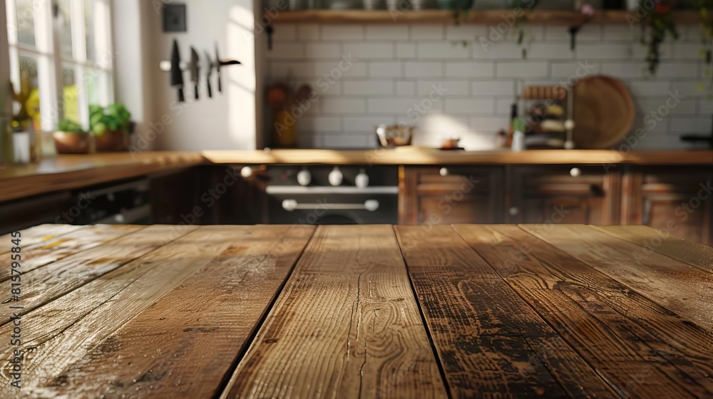 Wooden table foreground with a kitchen background, optimized for product shoots involving kitchen items and culinary setups, complemented by a blurred room effect
