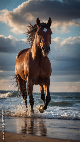 Graceful Horse on Coastal Horizon  Brown Beauty Against Dramatic Sky