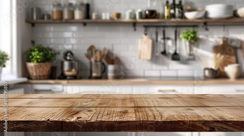 Wooden table foreground with a kitchen background  optimized for product shoots involving kitchen items and culinary setups  complemented by a blurred room effect