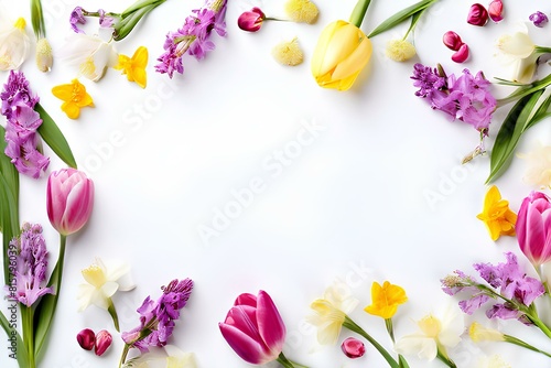 Spring flowers frame made of tulips, daffodils, crocuses, hyacinths, lilacs, cherry blossoms, azaleas on white background.