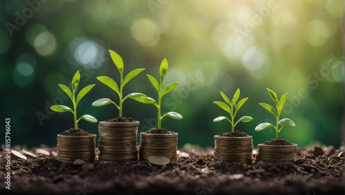 Green Finance  Plant Sprouting from Coin Piles  Illustrating Sustainable Banking and Financial Growth