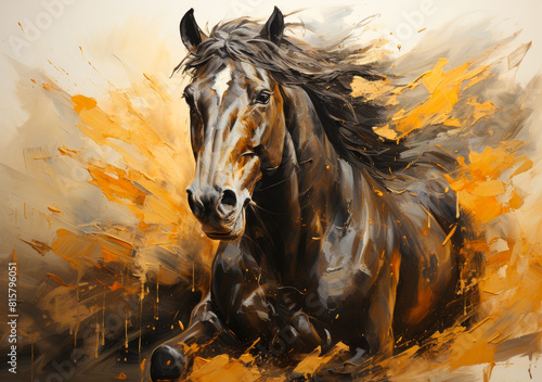 Vibrant Gold Horse Art Painting - Modern Mural with Expressive Knife Strokes  Large Brush Marks on Wall