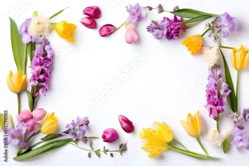 Spring flowers frame made of tulips, daffodils, crocuses, hyacinths, lilacs, cherry blossoms, azaleas on white background.