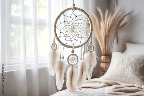 White handmade dreamcatcher in bedroom. Interior decoration. Beautiful dream catcher inside white room at home.