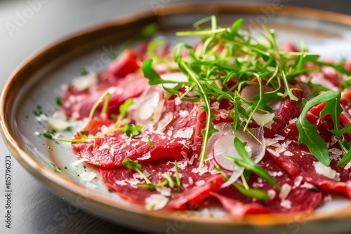 Thin Beef carpaccio. Plate dish salad. Generate Ai