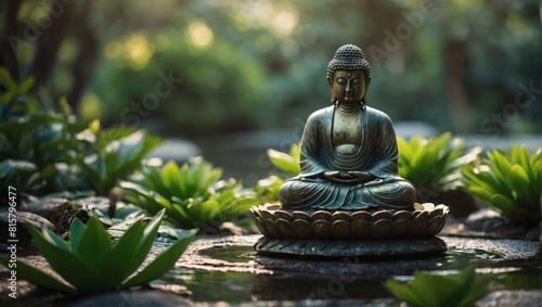 Green Oasis of Zen  Buddha Statue Radiating Tranquility