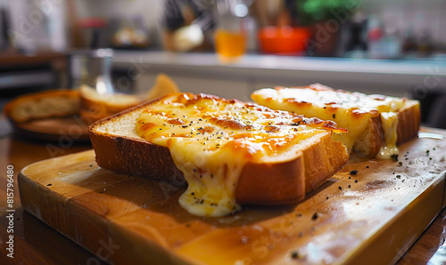 Melted Cheese Toast Sandwich Closeup, Delicious Grilled Bread Snack, Melting Cheddar or Swiss on Sourdough