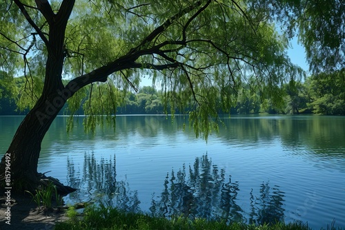 Willow Tree by a Pond  Graceful branches hanging over calm water.