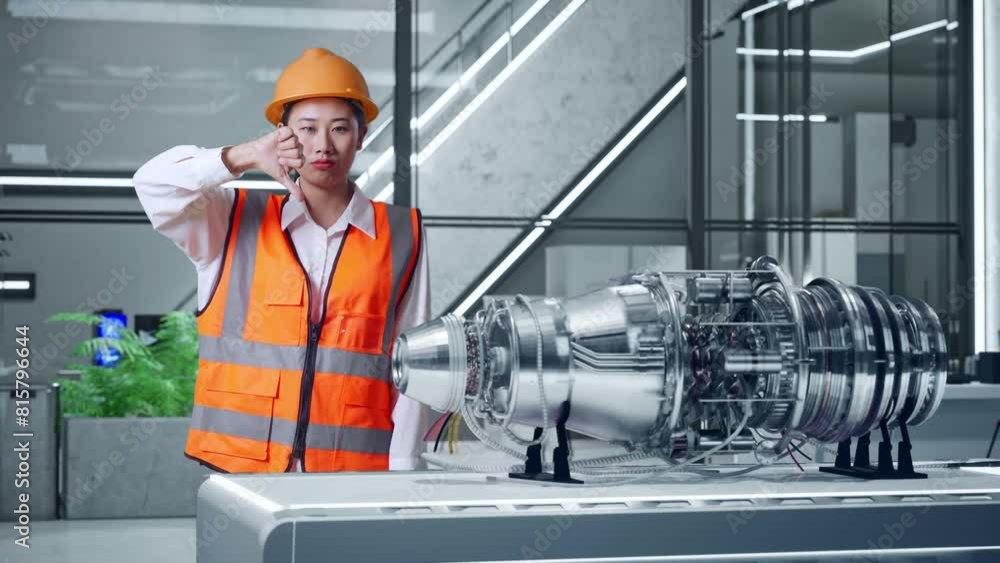 Asian Female Engineer With Safety Helmet Showing Thumbs Down Gesture And Shaking Her Head While Standing With Electric Engine for Innovative Project Asian Female Engineer With Safety Helmet Showing Thumbs Down Gesture And Shaking Her Head While Standing With Electric Engine for Innovative Project