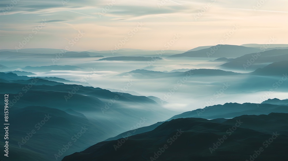 Serene dawn mist over mountain valleys - a breathtaking landscape view Serene dawn mist over mountain valleys - a breathtaking landscape view