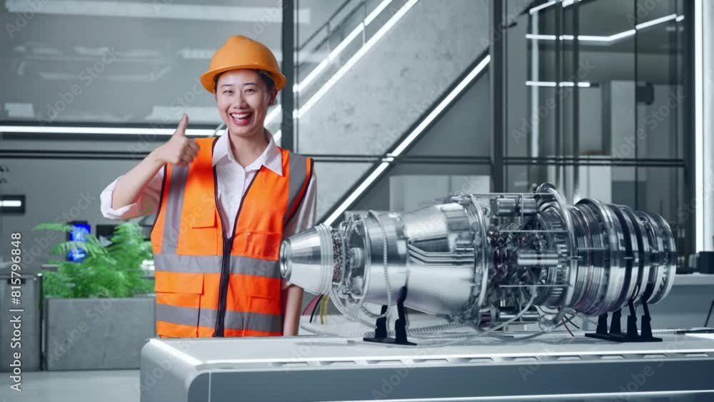 Asian Female Engineer With Safety Helmet Smiling And Showing Thumbs Up Gesture To The Camera While Standing With Electric Engine for Innovative Project Asian Female Engineer With Safety Helmet Smiling And Showing Thumbs Up Gesture To The Camera While Standing With Electric Engine for Innovative Project
