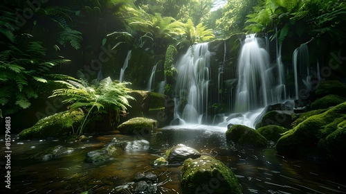 Tranquil cascading waterfall surrounded by lush greenery in a mystical forest