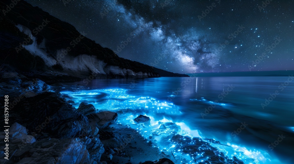 Mystical bioluminescent shoreline under starry night sky