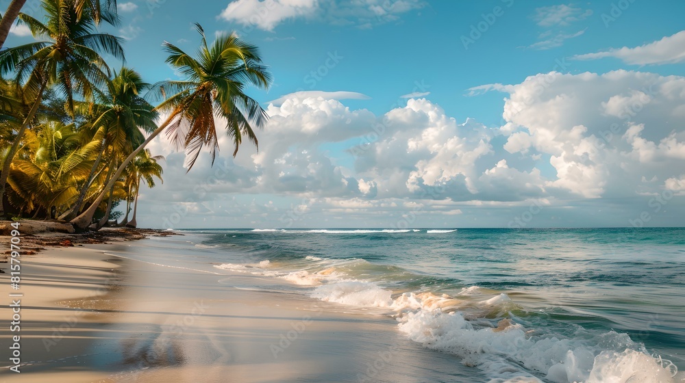 Serenity at a tropical beach with golden sand and palm trees