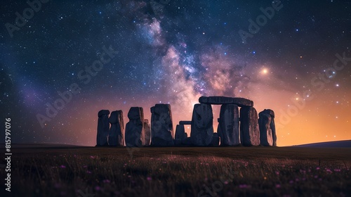 Majestic night sky over ancient stonehenge monoliths, a starry peaceful escape photo