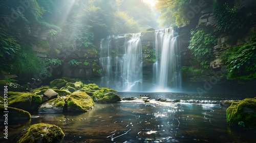 Majestic waterfall in lush green forest - a serene paradise bathed in sunlight