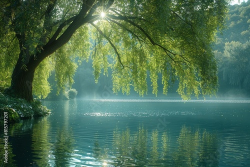 Willow Tree by a Pond  Graceful branches hanging over calm water.